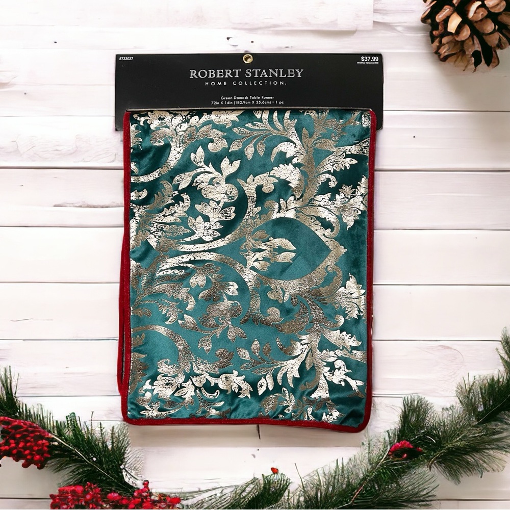 NWT Robert Stanley Green Damask Table Runner 72” X 14” New w/Tag Retail $37.99